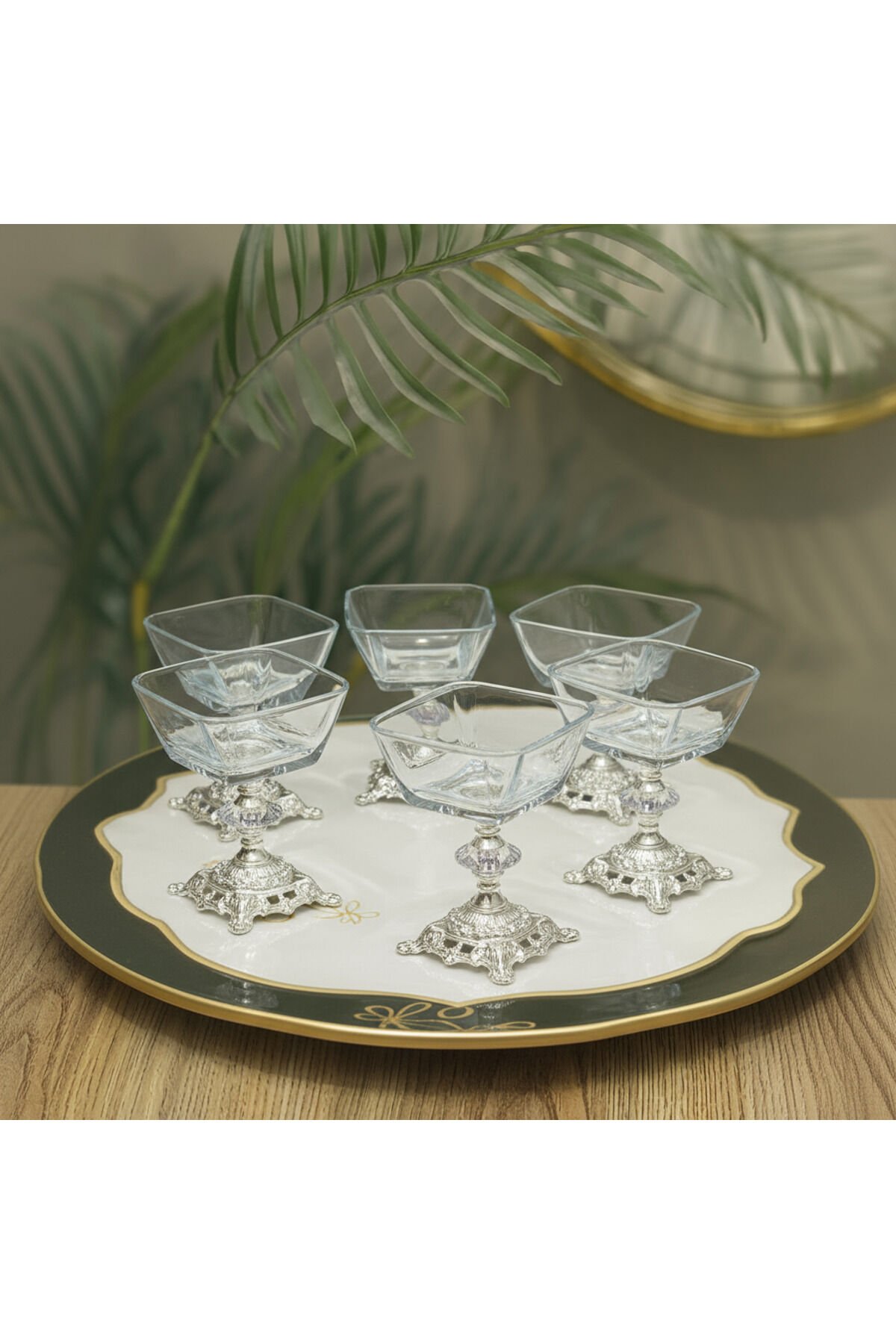 Karen 6 Parça Döküm Gümüş Ayaklı Sunumluk Seti Magnolia Dondurmalık Cup Çerezlik