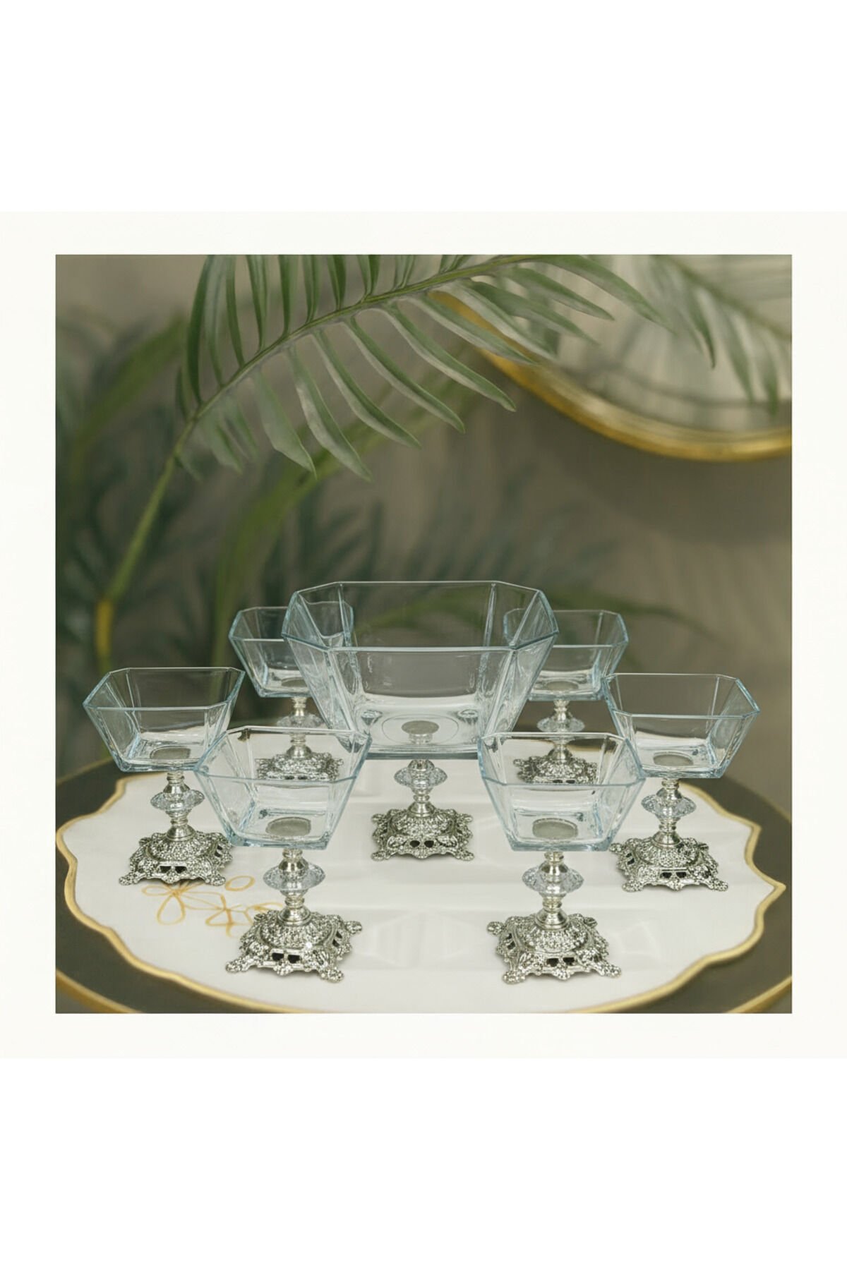 Karen 7 Parça Döküm Gümüş Ayaklı Sunumluk Seti Magnolia Dondurmalık Cup ve Salata Kase Seti