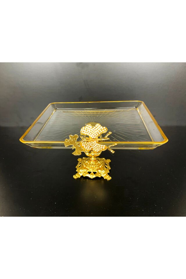 Paşabahçe Kristal Metal Ayaklı Yaldızlı Kare Pasta Sunumluk | Özel Desenli Servis Standı