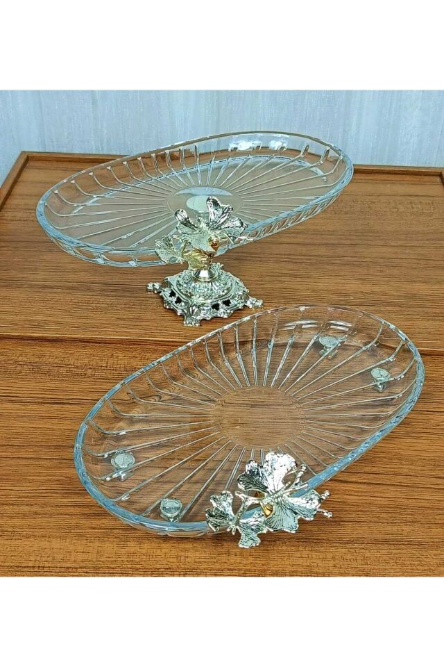 2 li Paşabahçe Kristal Metal Ayaklı Gümüş Oval Düz Pasta Sunumluk Kurabiyelik