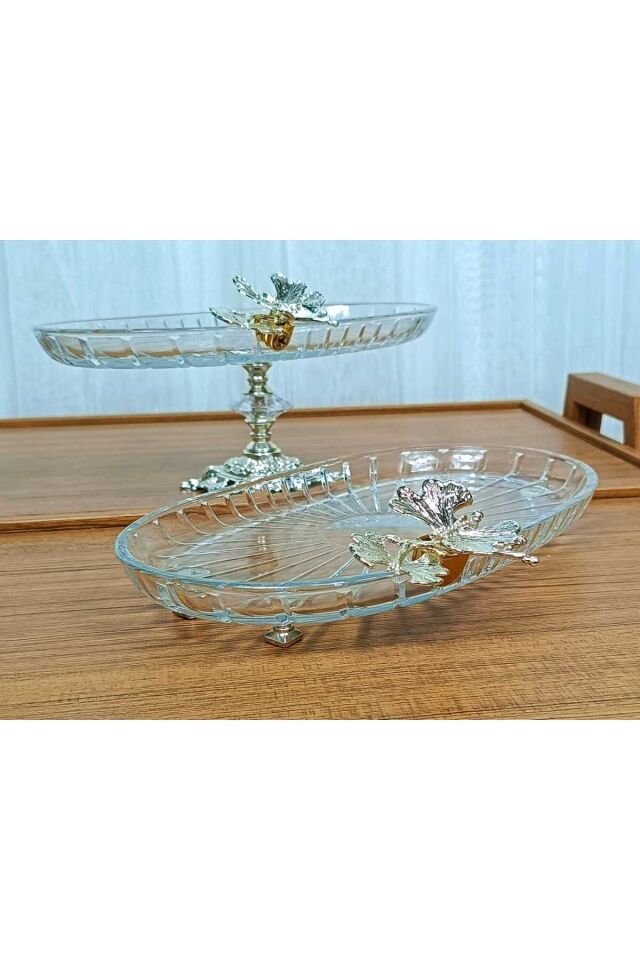 2 li Paşabahçe Kristal Metal Ayaklı Gümüş Oval Düz Pasta Sunumluk Kurabiyelik