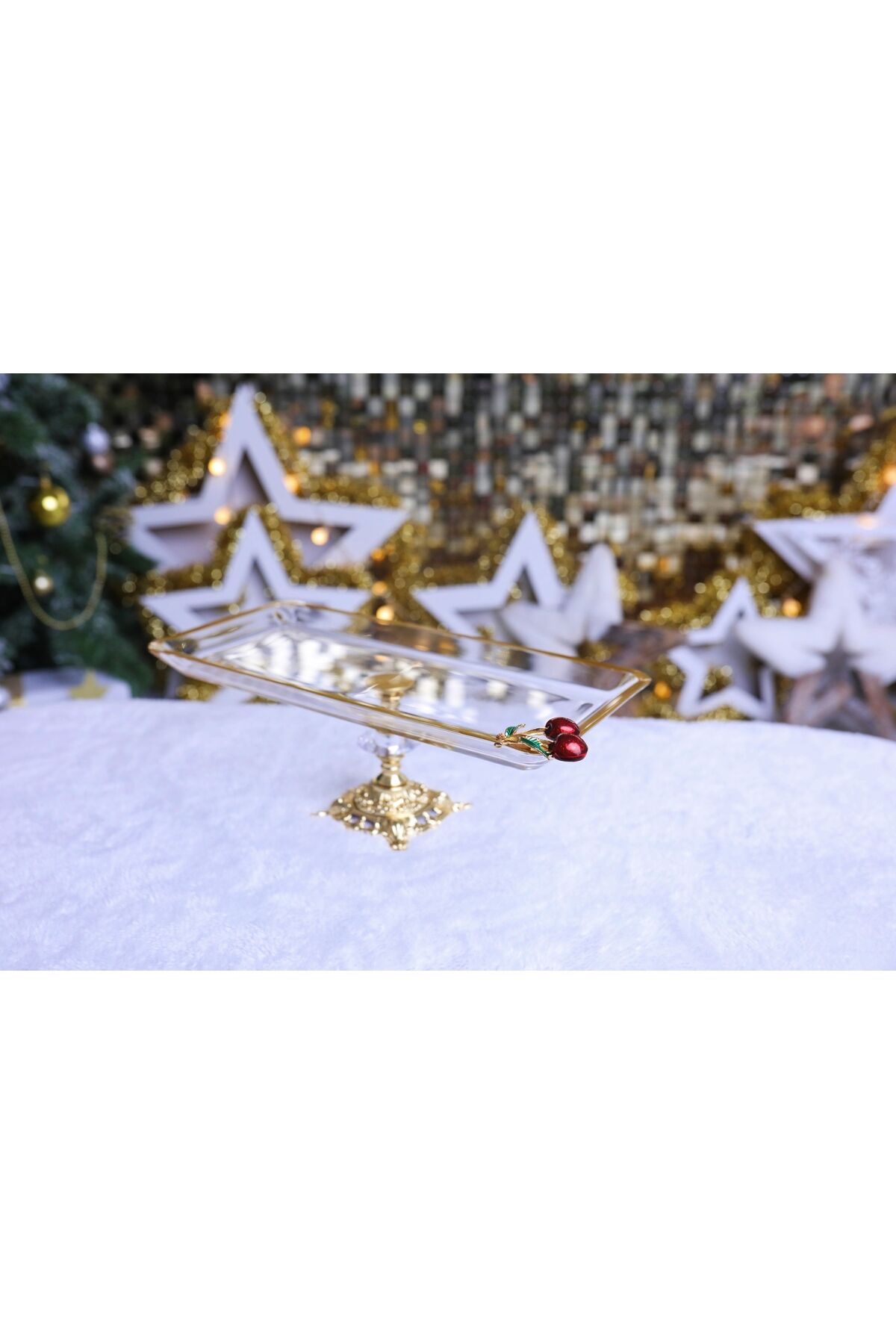 Kristal Metal Ayaklı Yaldızlı Kiraz Detaylı Sunumluk Kurabiyelik