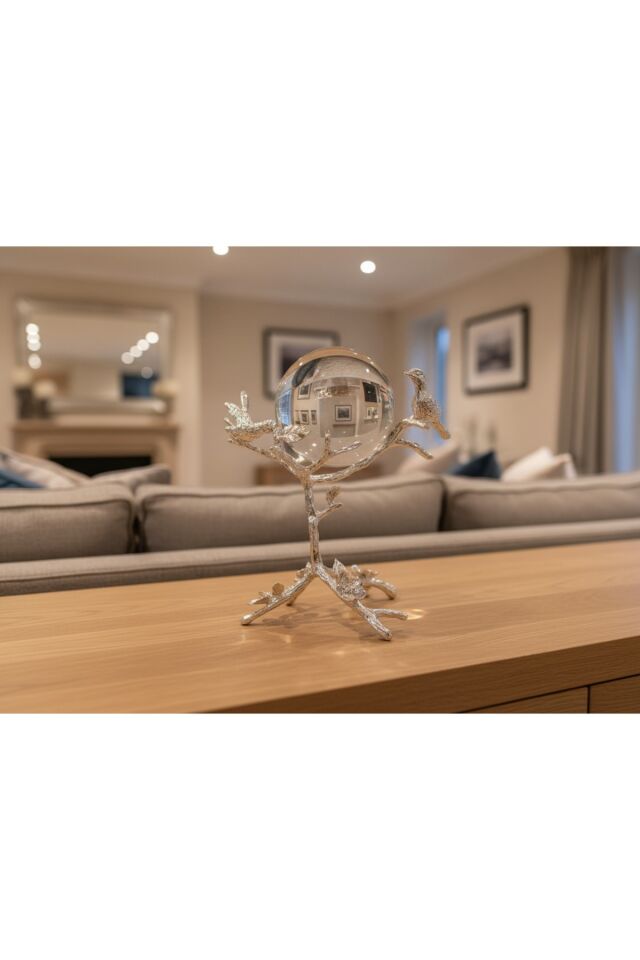 Gümüs Kuş Figürlü Şeffaf Kristal Küre Dekoratif Aksesuar