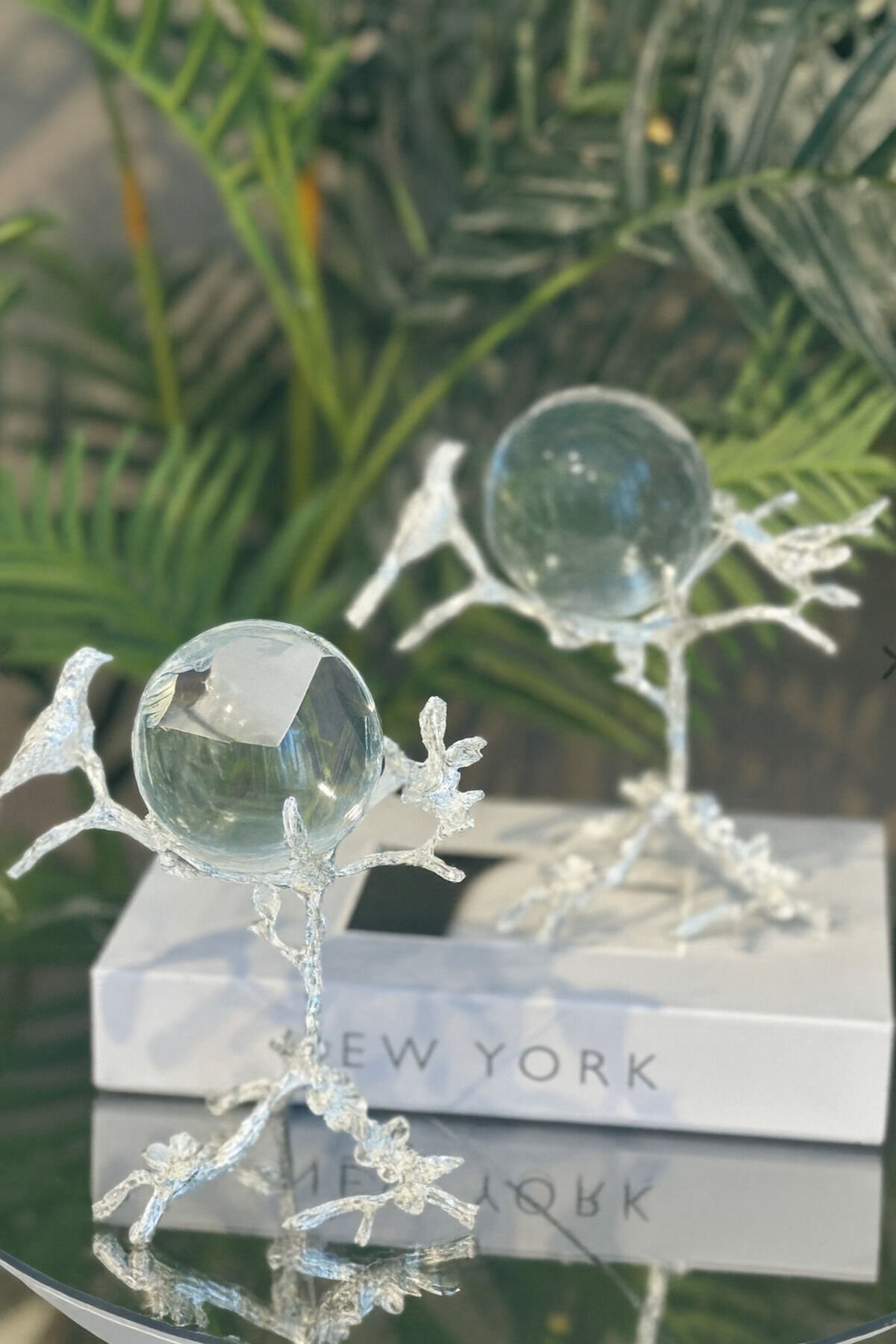 Gümüs Kuş Figürlü Şeffaf Kristal Küre Dekoratif Aksesuar