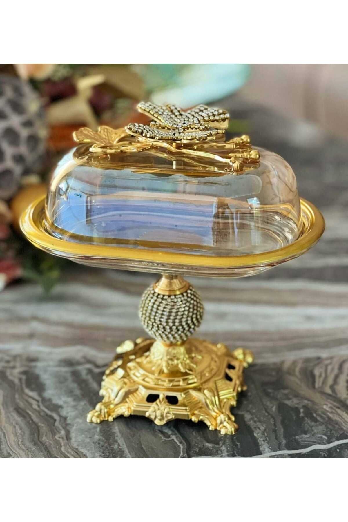 Kelebek Detaylı Elmas Kesim Gold Metal Ayaklı Sunumluk | Tereyağlık – Peynirlik – Kahvaltılık