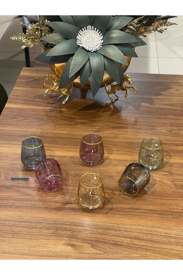 Lav-304 Renkli Ağzı Yaldızlı 6 Renk Kahve Yanı Su Bardağı , Meşrubat Bardağı , Çeyizlik , Hediyelik