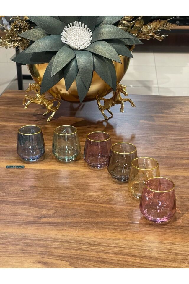 Lav-304 Renkli Ağzı Yaldızlı 6 Renk Kahve Yanı Su Bardağı , Meşrubat Bardağı , Çeyizlik , Hediyelik