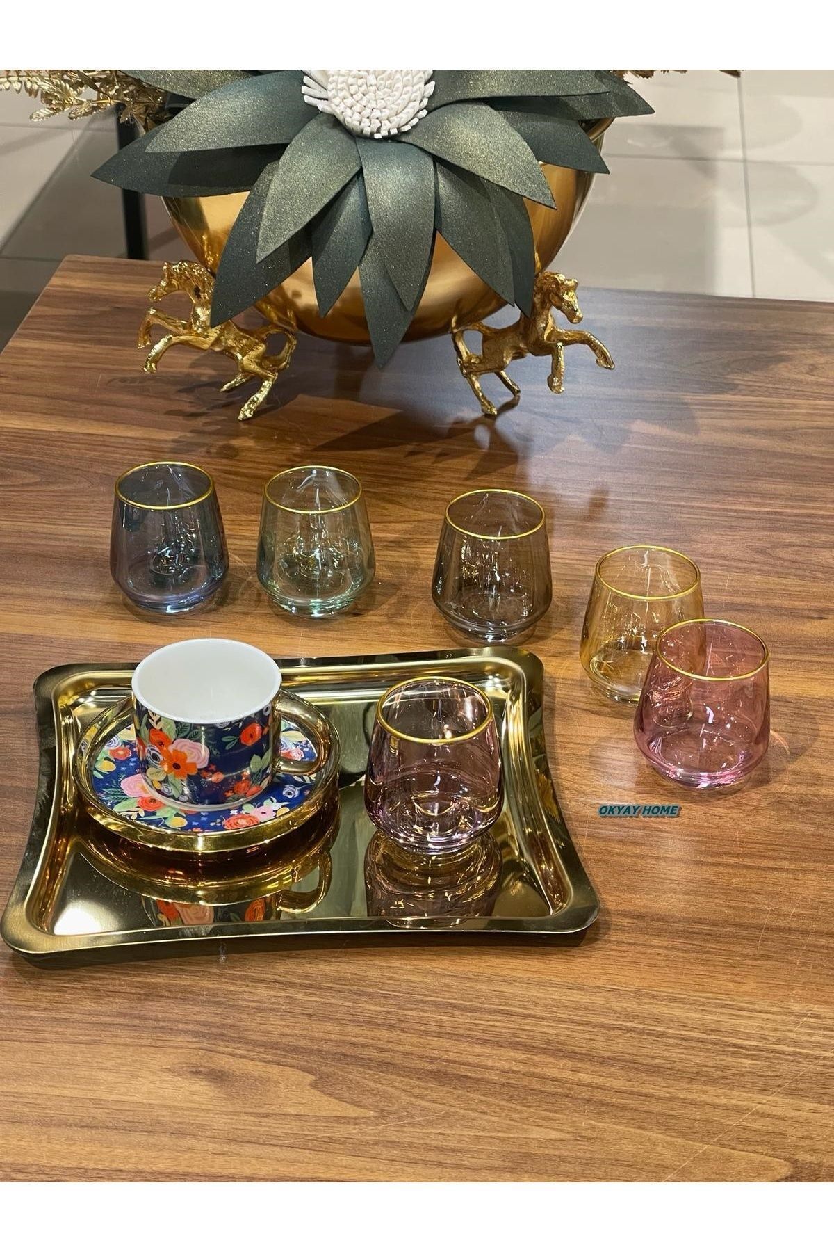 Lav-304 Renkli Ağzı Yaldızlı 6 Renk Kahve Yanı Su Bardağı , Meşrubat Bardağı , Çeyizlik , Hediyelik