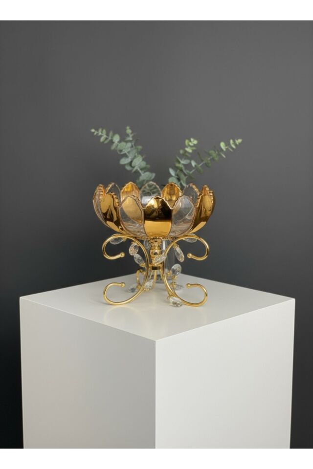 Gold Titanyum Cam 4’lü Lüx Sunum Seti Şekerlik, Kase ve Sunumluk | Kristal Ayaklı Sofra Aksesuarı