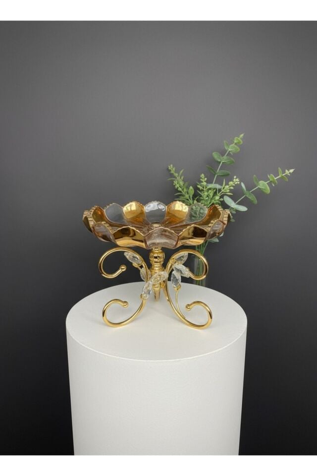 Lüks Altın Ayaklı Kristal Cam Sunumluk | Servis ve Pasta Tabağı | Şık Sofra ve Dekoratif Sunum