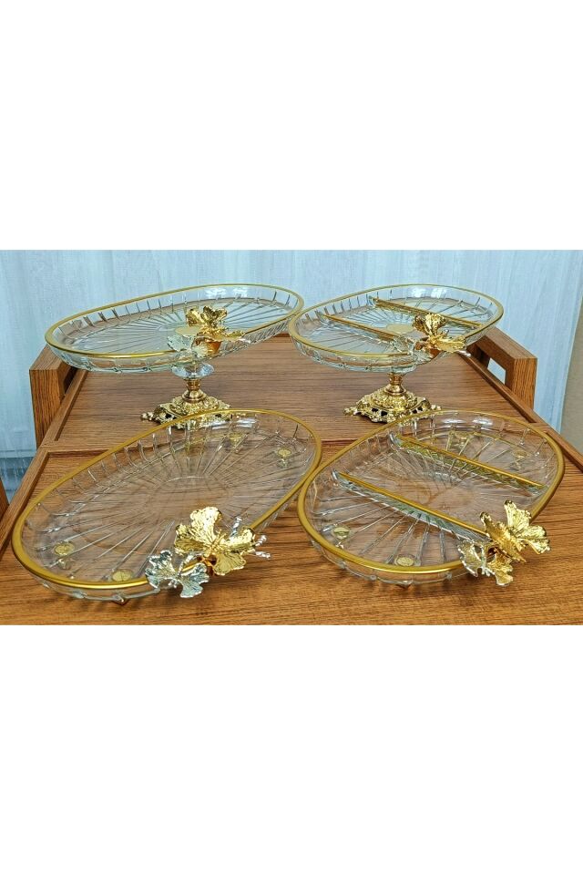 Yeni Seri 4 Parça Paşabahçe Gold Yaldızlı Metal Ayaklı Sunum Seti Kurabiyelik Hediyelik