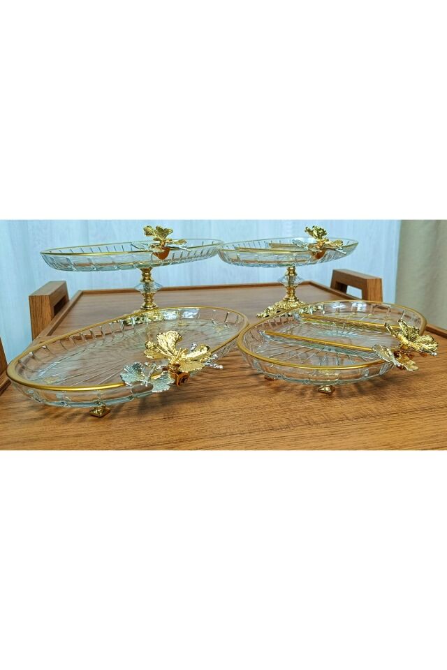 Yeni Seri 4 Parça Paşabahçe Gold Yaldızlı Metal Ayaklı Sunum Seti Kurabiyelik Hediyelik