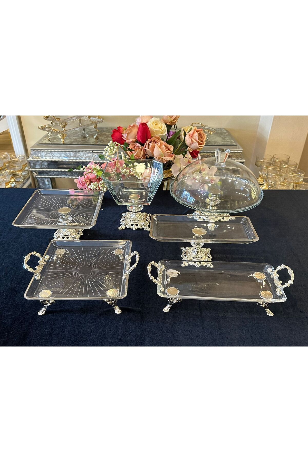 6 Parca Döküm Ayaklı Cam Servis Seti Gümüş