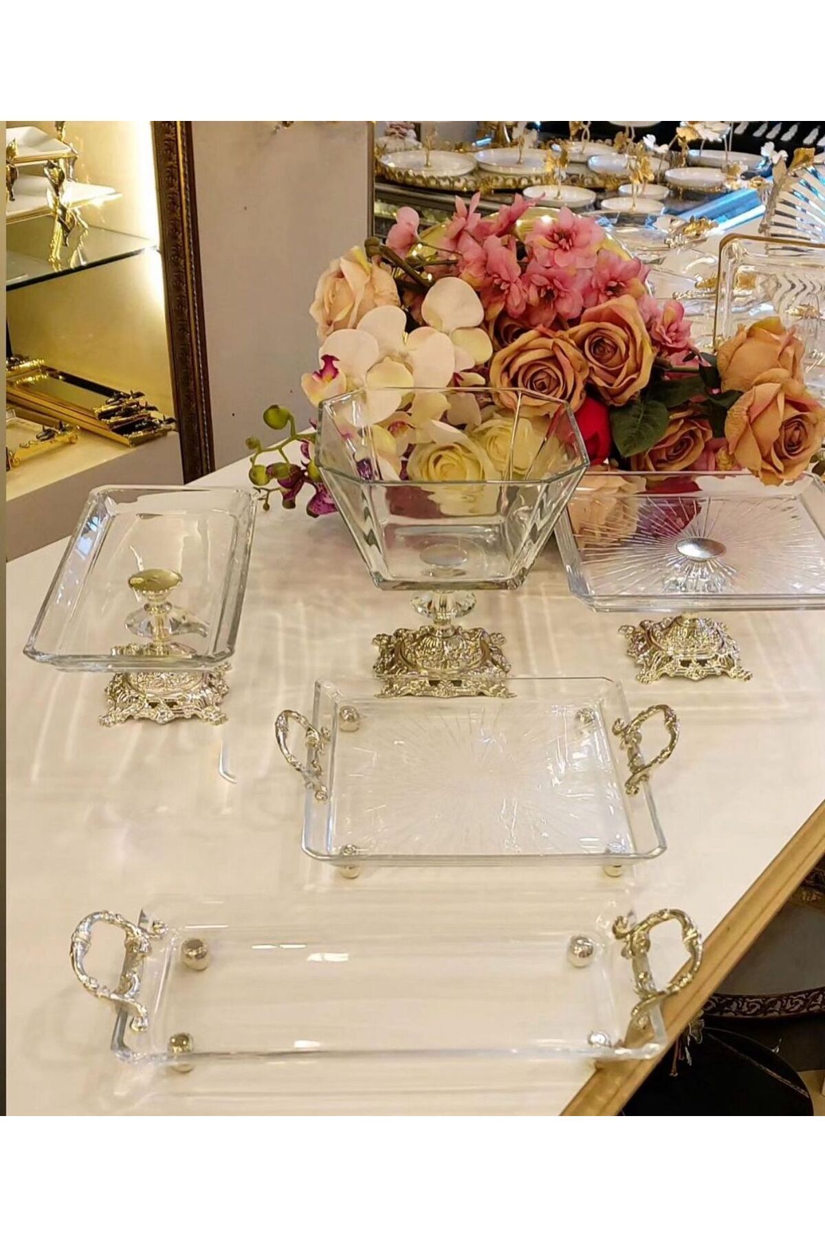 5 Parca Döküm Ayaklı Cam Servis Seti Gümüş