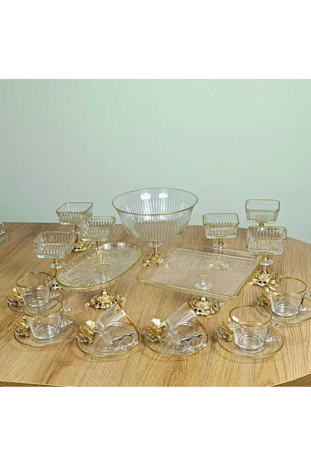 Paşabahçe Gold Detaylı Metal Ayaklı Sunum ve Servis Seti Pasta,Magnolia,Çay Seti,Kurabiyelik