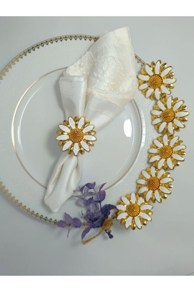 6'lı papatya beyaz mineli gold halka peçete yüzüğü