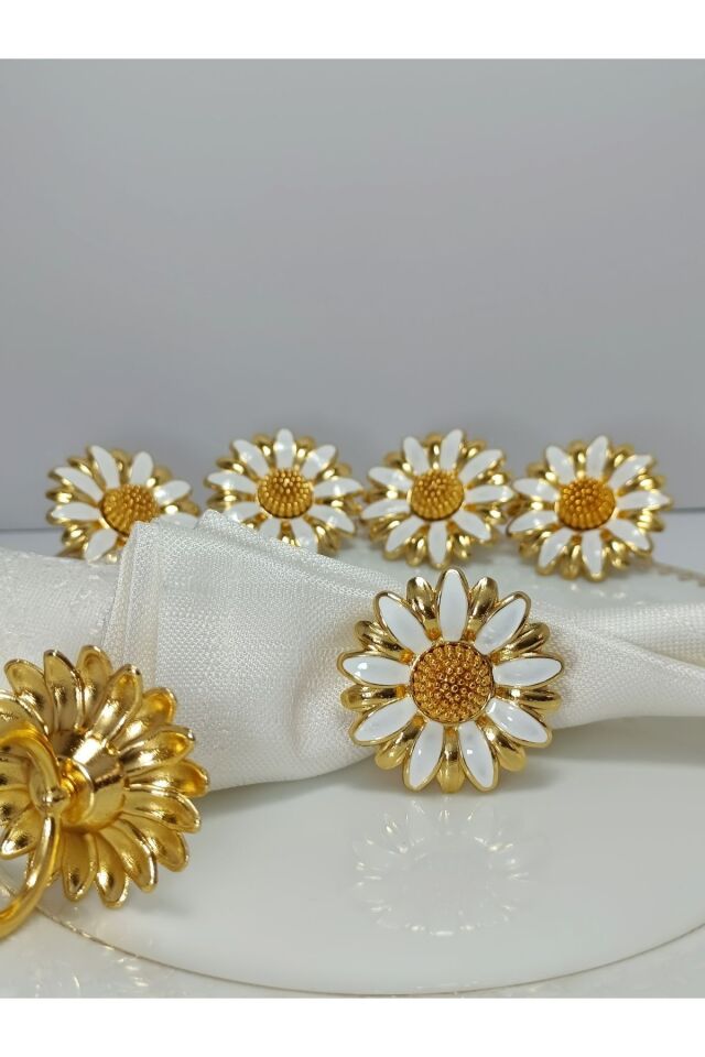 6'lı papatya beyaz mineli gold halka peçete yüzüğü