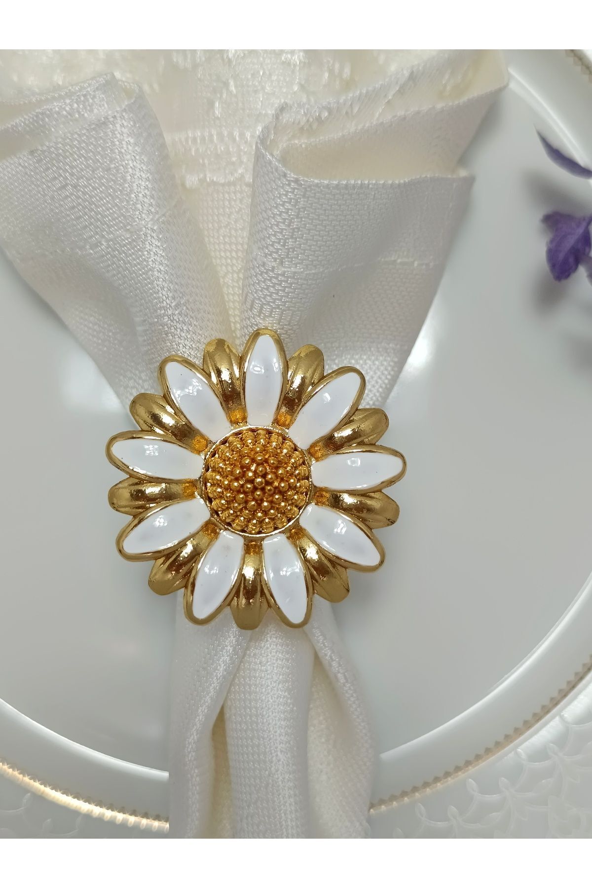 6'lı papatya beyaz mineli gold halka peçete yüzüğü