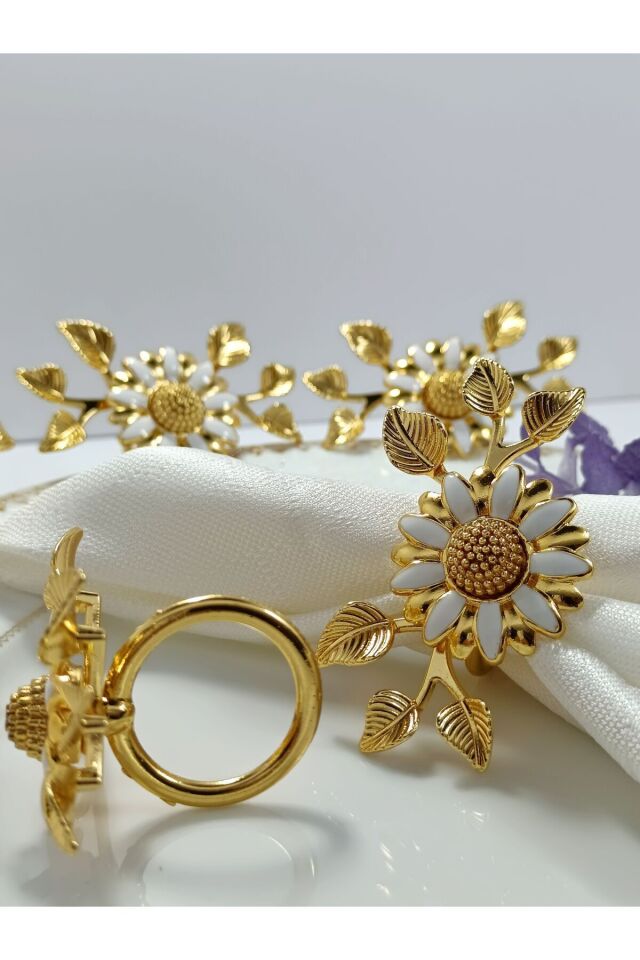 6'lı  Gold Kaplama Beyaz Mineli Yapraklı  Papatya Halka Peçete Yüzüğü