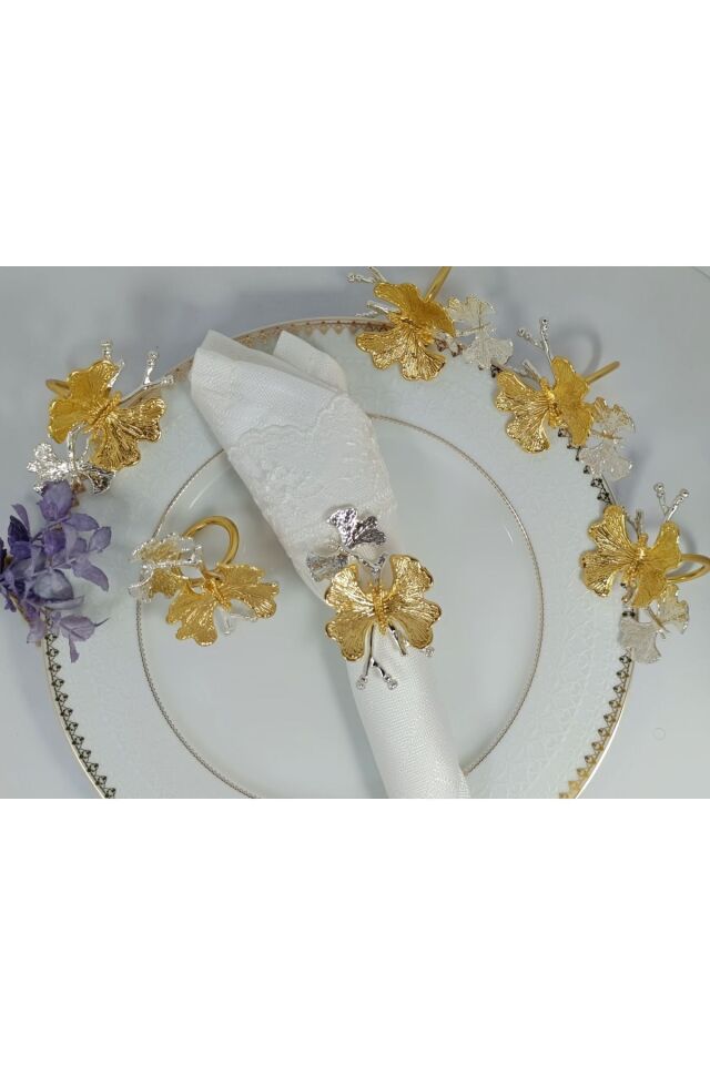 6'lı Ikili Kelebek Dallı Gold&gümüş Halka Peçete Yüzüğü Trn 018