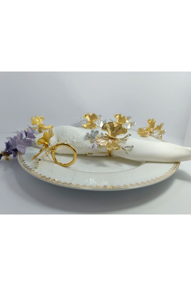 6'lı Ikili Kelebek Dallı Gold&gümüş Halka Peçete Yüzüğü Trn 018