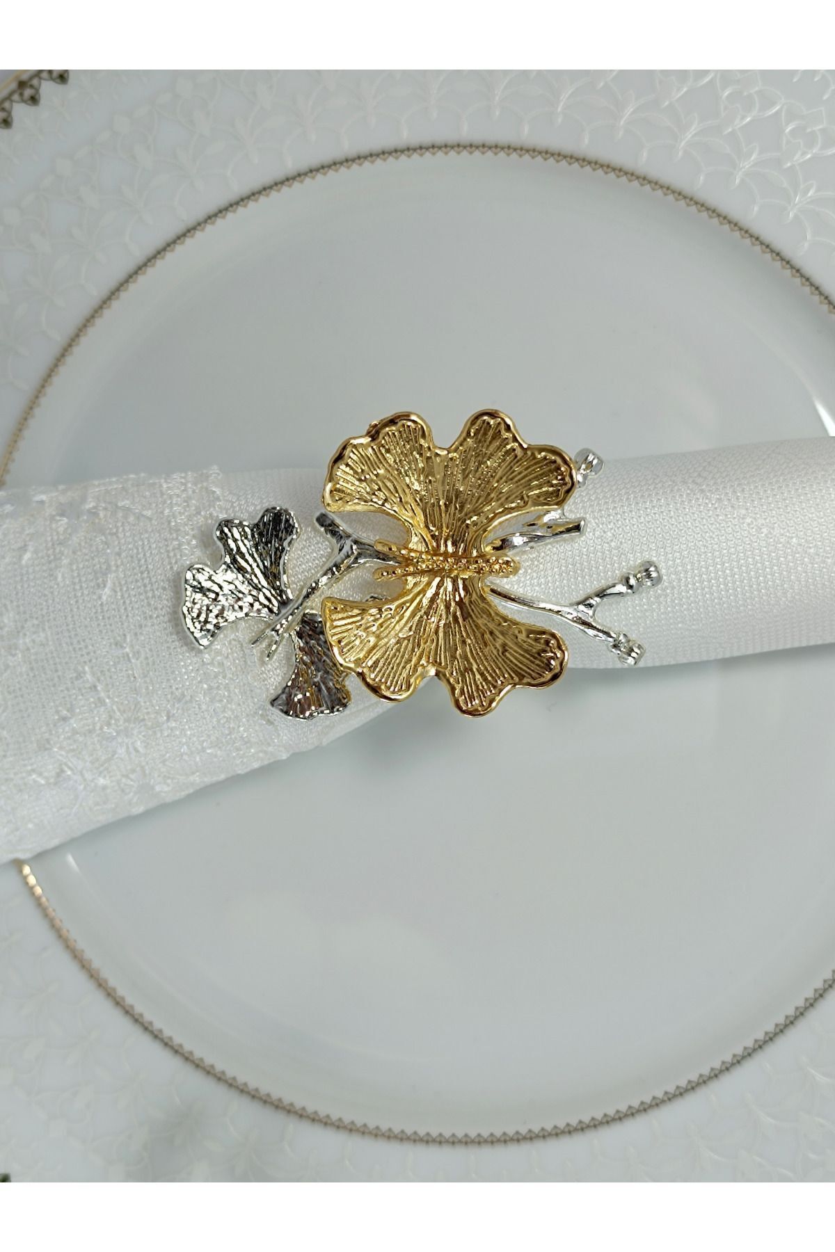 6'lı Ikili Kelebek Dallı Gold&gümüş Halka Peçete Yüzüğü Trn 018