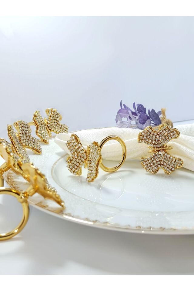 6'lı Taşlı Kelebek figürlü Gold kaplama halka peçete yüzüğü
