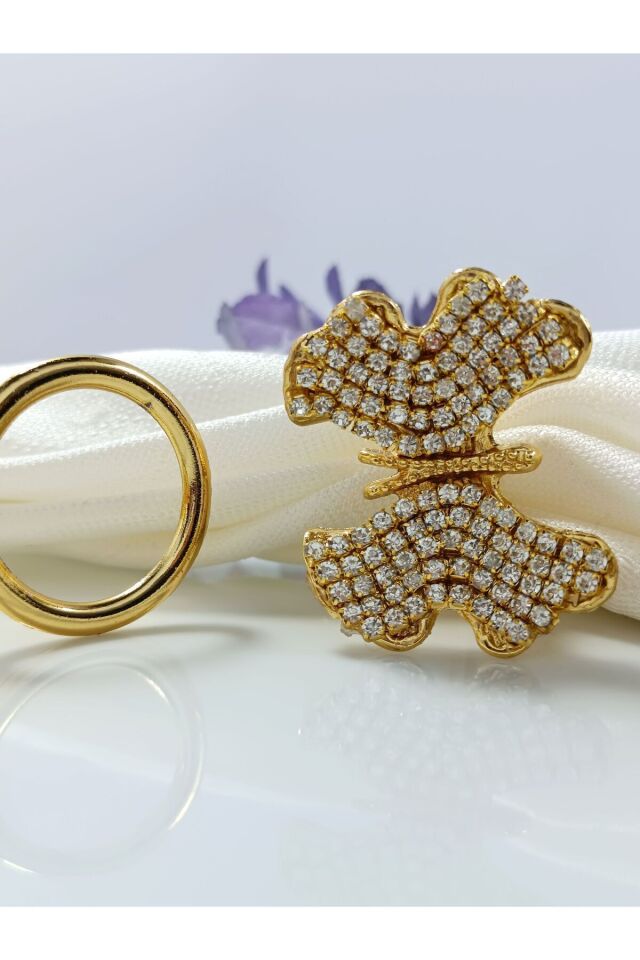 6'lı Taşlı Kelebek figürlü Gold kaplama halka peçete yüzüğü