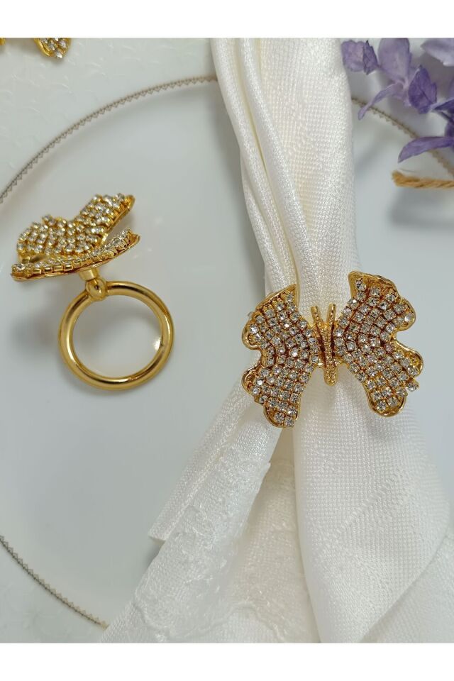 6'lı Taşlı Kelebek figürlü Gold kaplama halka peçete yüzüğü