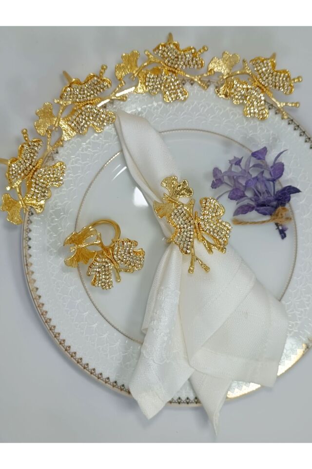 6'lı ikili kelebek figürlü taşlı altın halka peçete yüzüğü, şık ve zarif tasarım