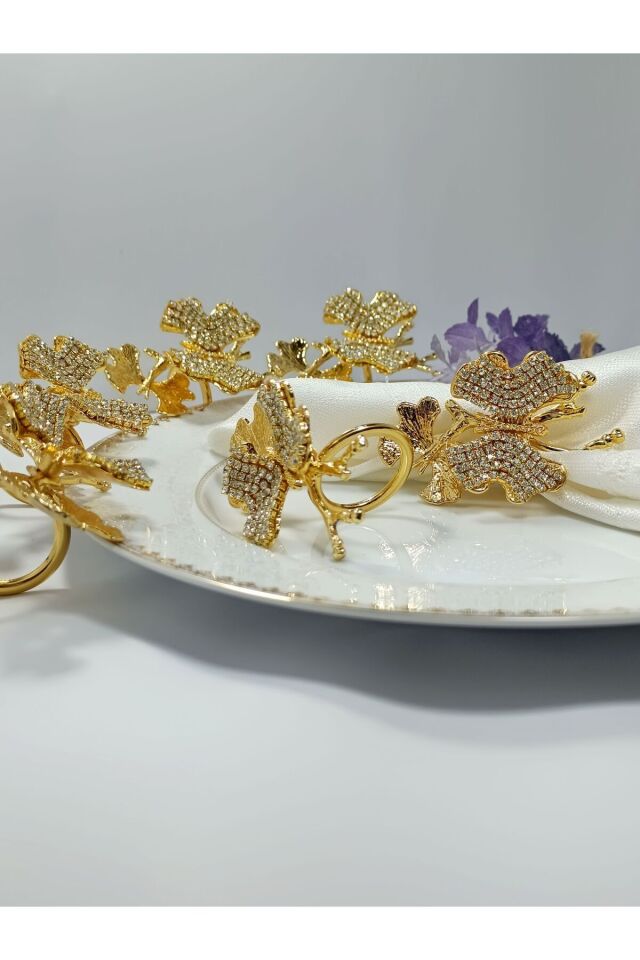 6'lı ikili kelebek figürlü taşlı altın halka peçete yüzüğü, şık ve zarif tasarım