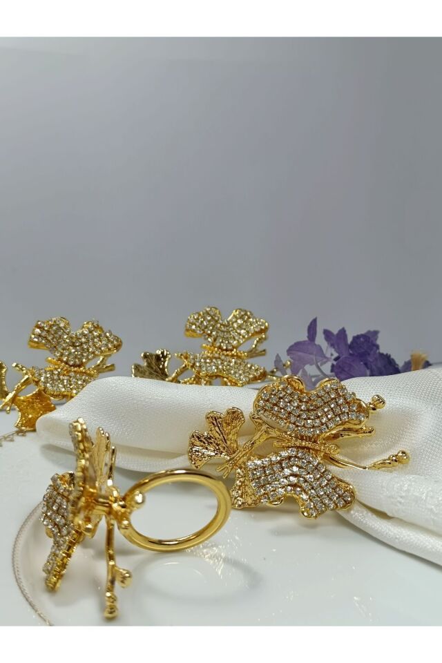 6'lı ikili kelebek figürlü taşlı altın halka peçete yüzüğü, şık ve zarif tasarım