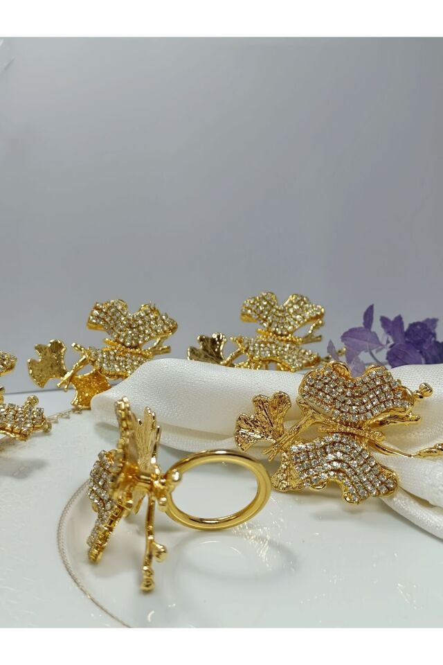 6'lı ikili kelebek figürlü taşlı altın halka peçete yüzüğü, şık ve zarif tasarım