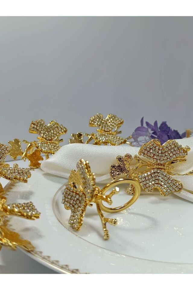 6'lı ikili kelebek figürlü taşlı altın halka peçete yüzüğü, şık ve zarif tasarım