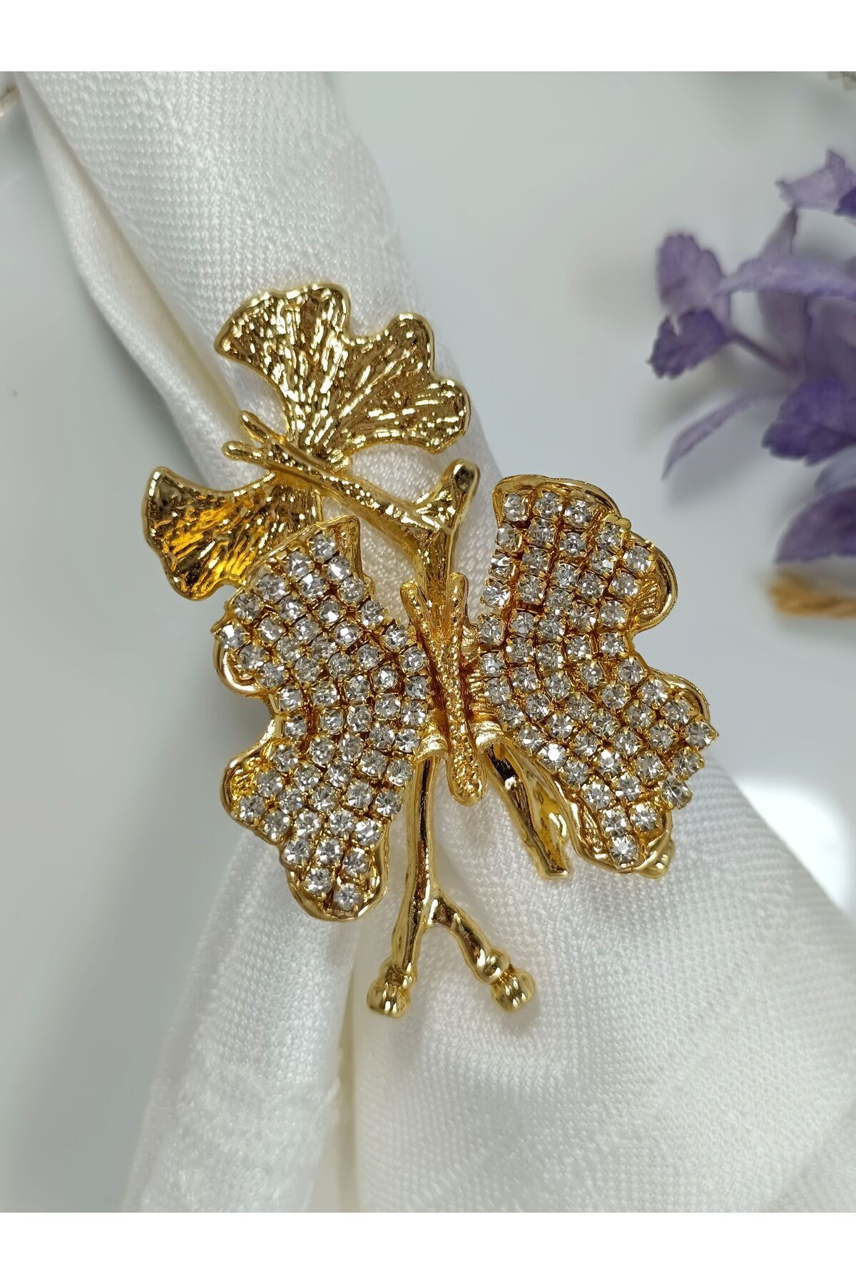 6'lı ikili kelebek figürlü taşlı altın halka peçete yüzüğü, şık ve zarif tasarım