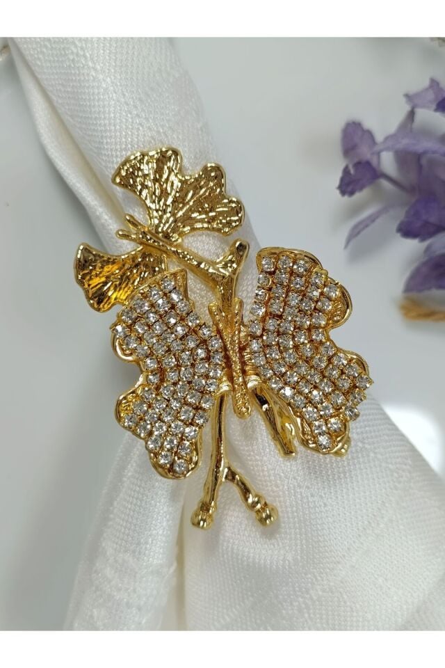 6'lı ikili kelebek figürlü taşlı altın halka peçete yüzüğü, şık ve zarif tasarım