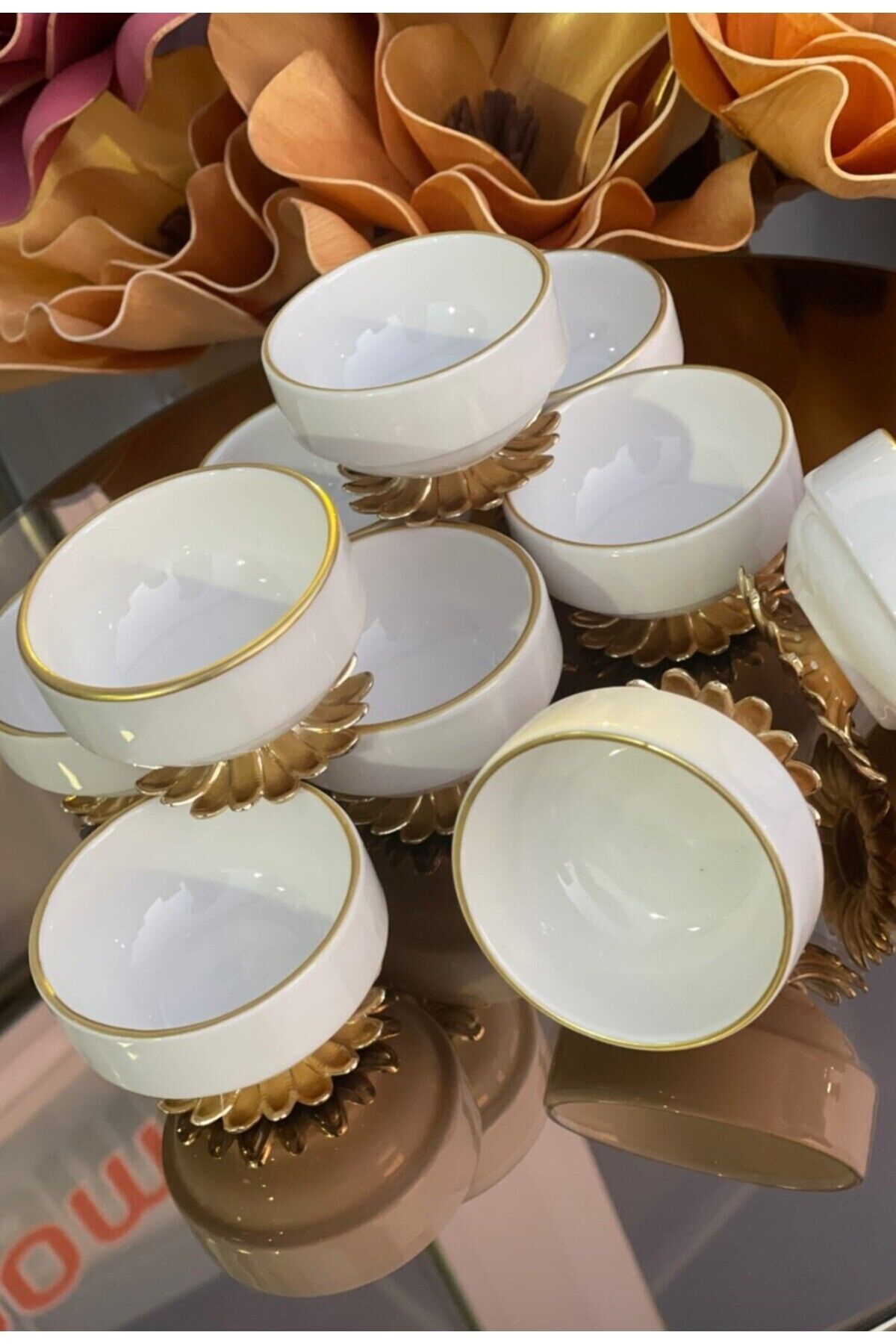 6 lı Porselen Metal Ayaklı Yaldızlı Kahve Yanı Lokumluk Şekerlik Sunumluk Sosluk Reçellik