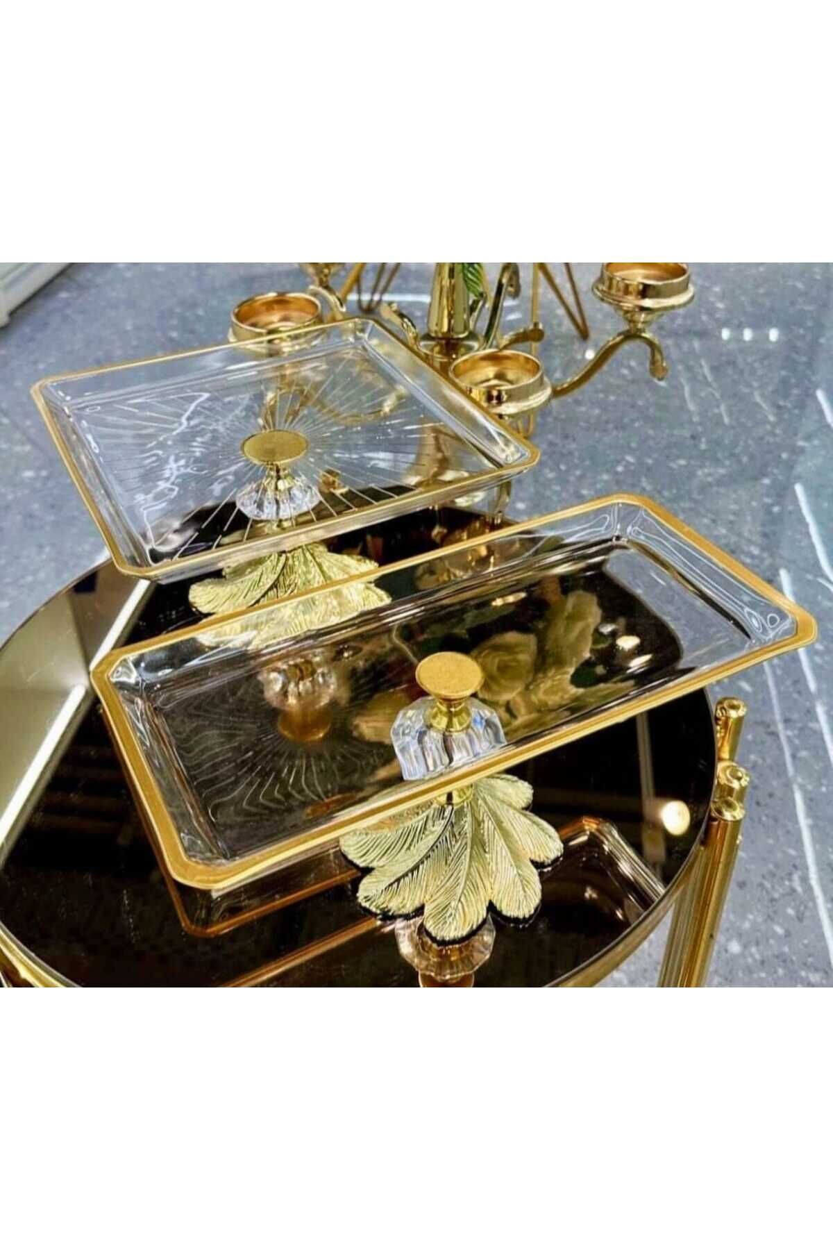 2 Parça Gold Semazen Metal Ayaklı Pasta Sunumluk Kurabiyelik Seti