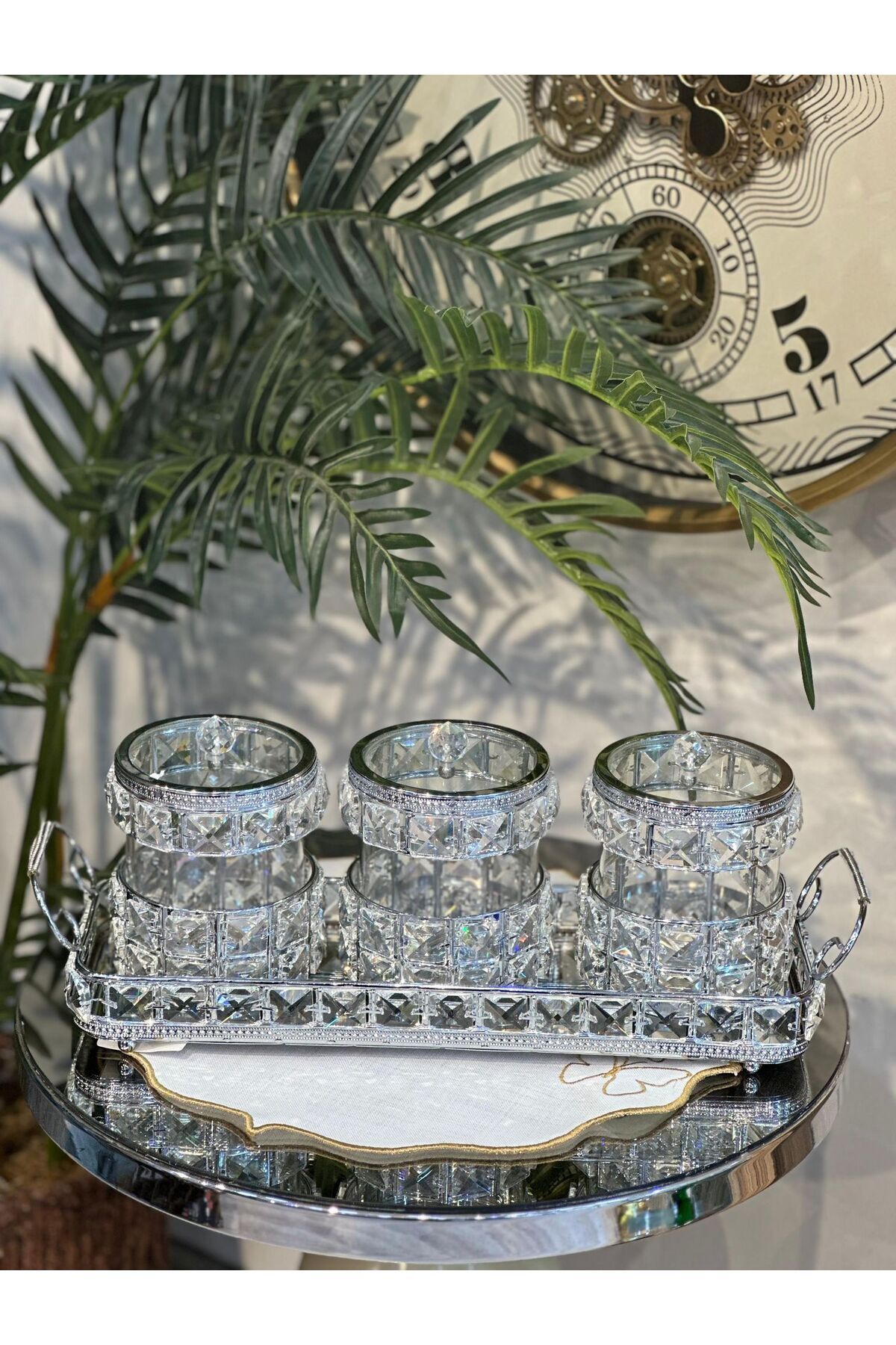 Gümüş Lüx Taşlı Tepsili 3 lü Baharatlık Şekerlik Sunumluk Çeyizlik