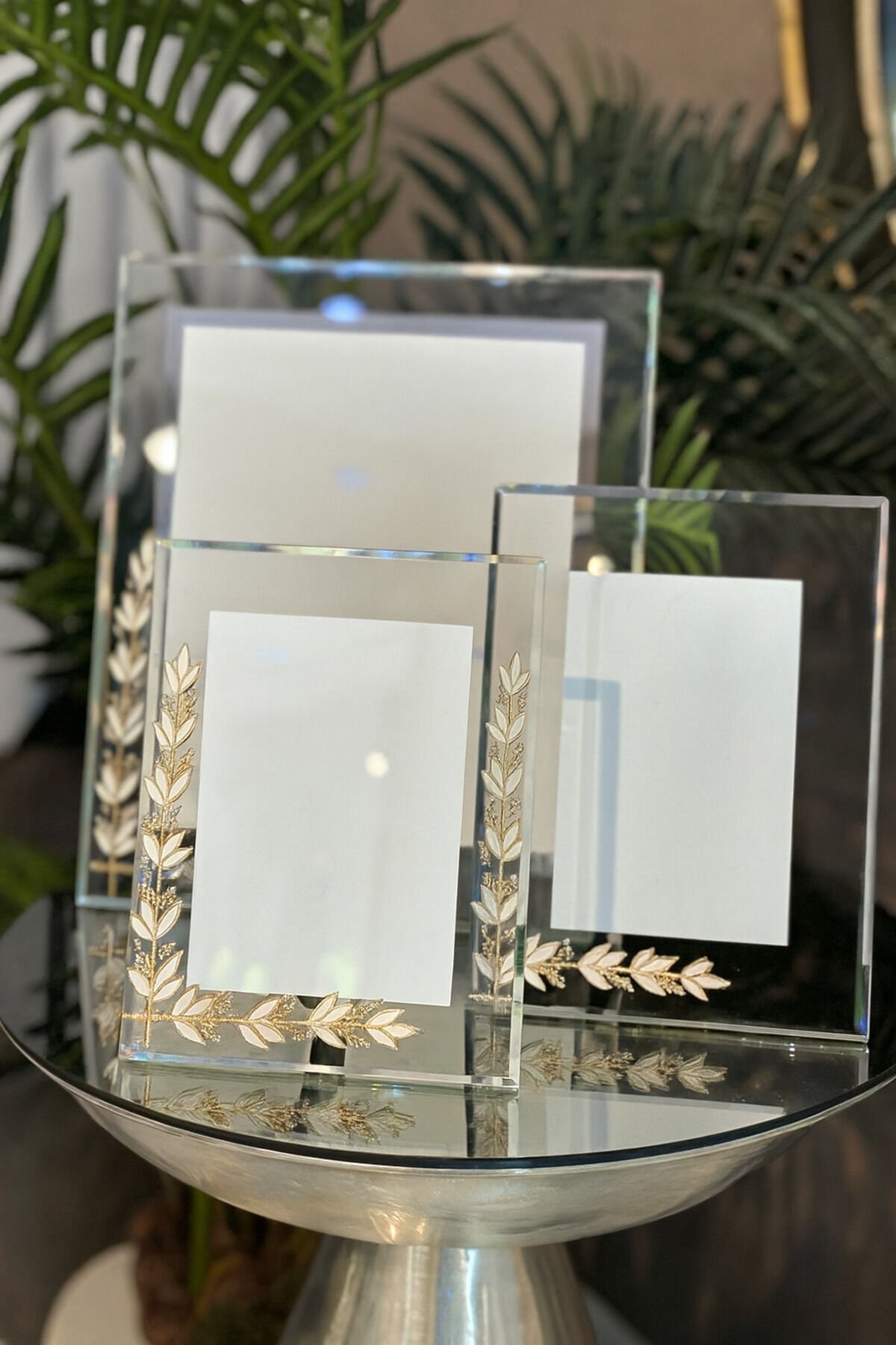 Lüks Gold Çiçekli Cam Fotoğraf Çerçevesi 3’lü Set (10x15 – 13x18 – 20x25 cm) Çiçek Gold