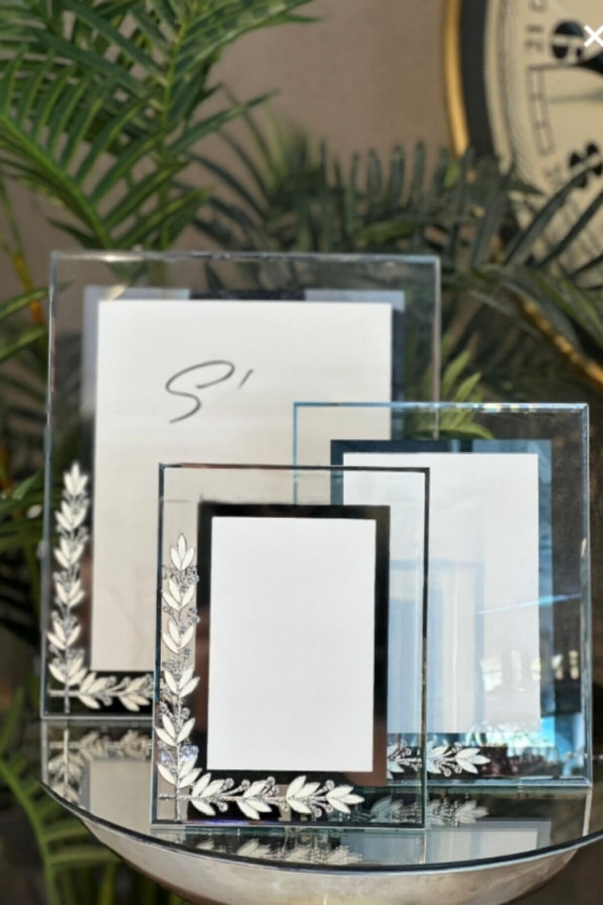 Lüks Gold Çiçekli Cam Fotoğraf Çerçevesi 3’lü Set (10x15 – 13x18 – 20x25 cm) Çiçek Gümüş