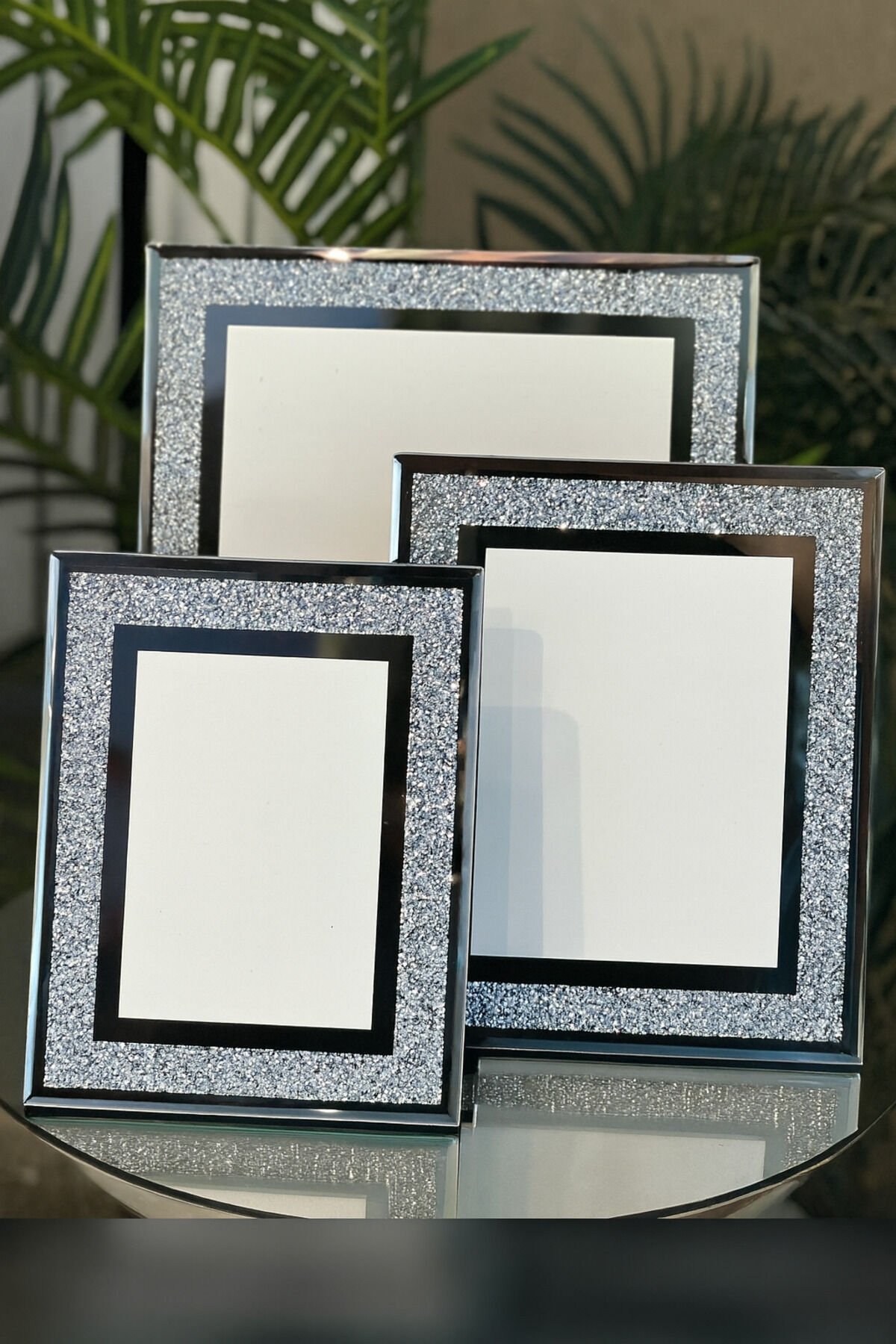 Lüks Gold Çiçekli Cam Fotoğraf Çerçevesi 3’lü Set (10x15 – 13x18 – 20x25 cm) Taşlı Gümüş