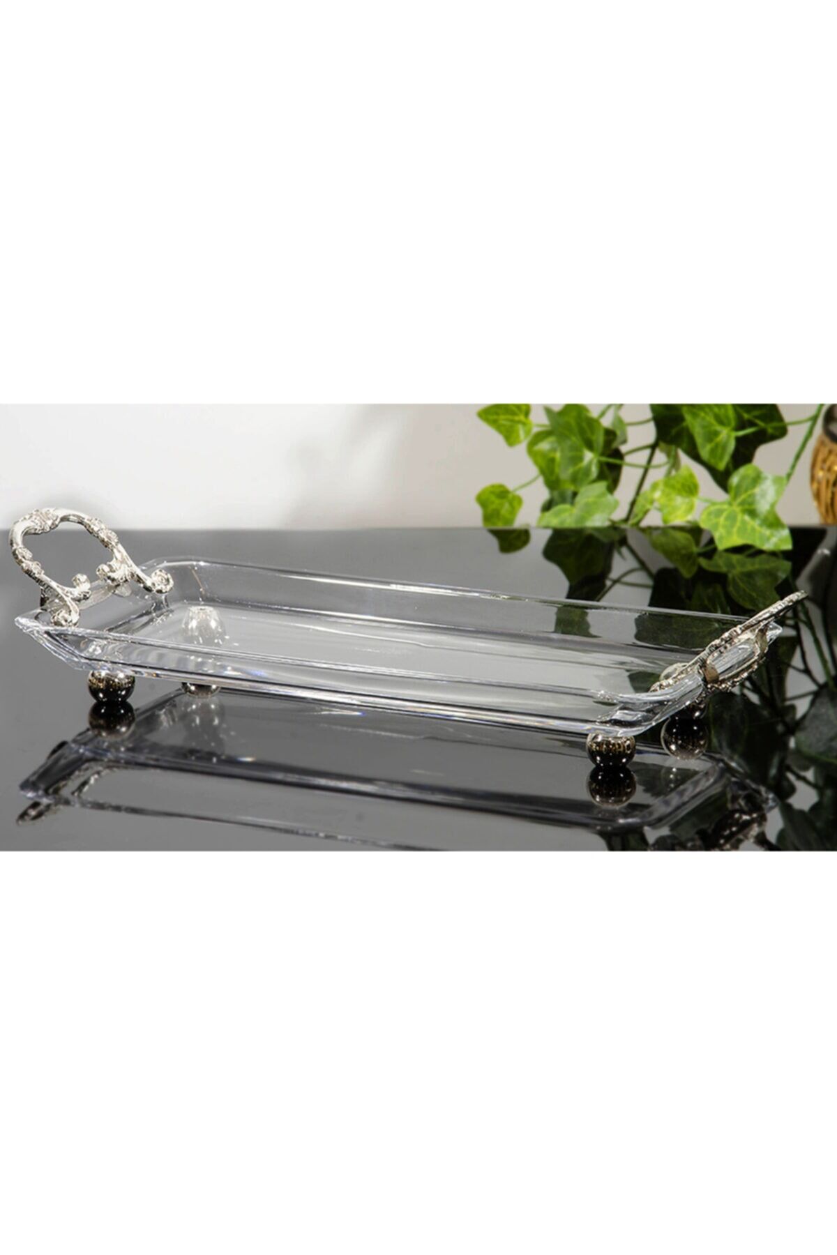 Metal Kulplu Kristal Servis Tabağı Meze Tabağı Gümüş