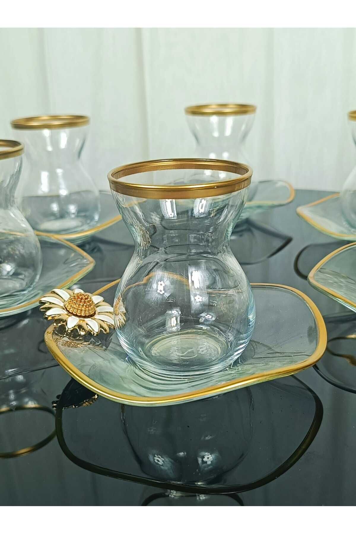 Lüx 6 Kişilik 12 Parça Papatya Gold Yaldızlı Çay Seti Dantel