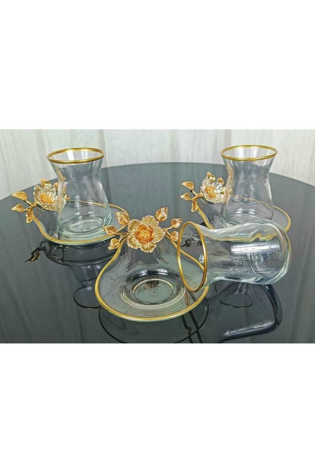 Lüx 6 Kişilik 12 Parça Papatya Gold Yaldızlı Çay Seti Irem