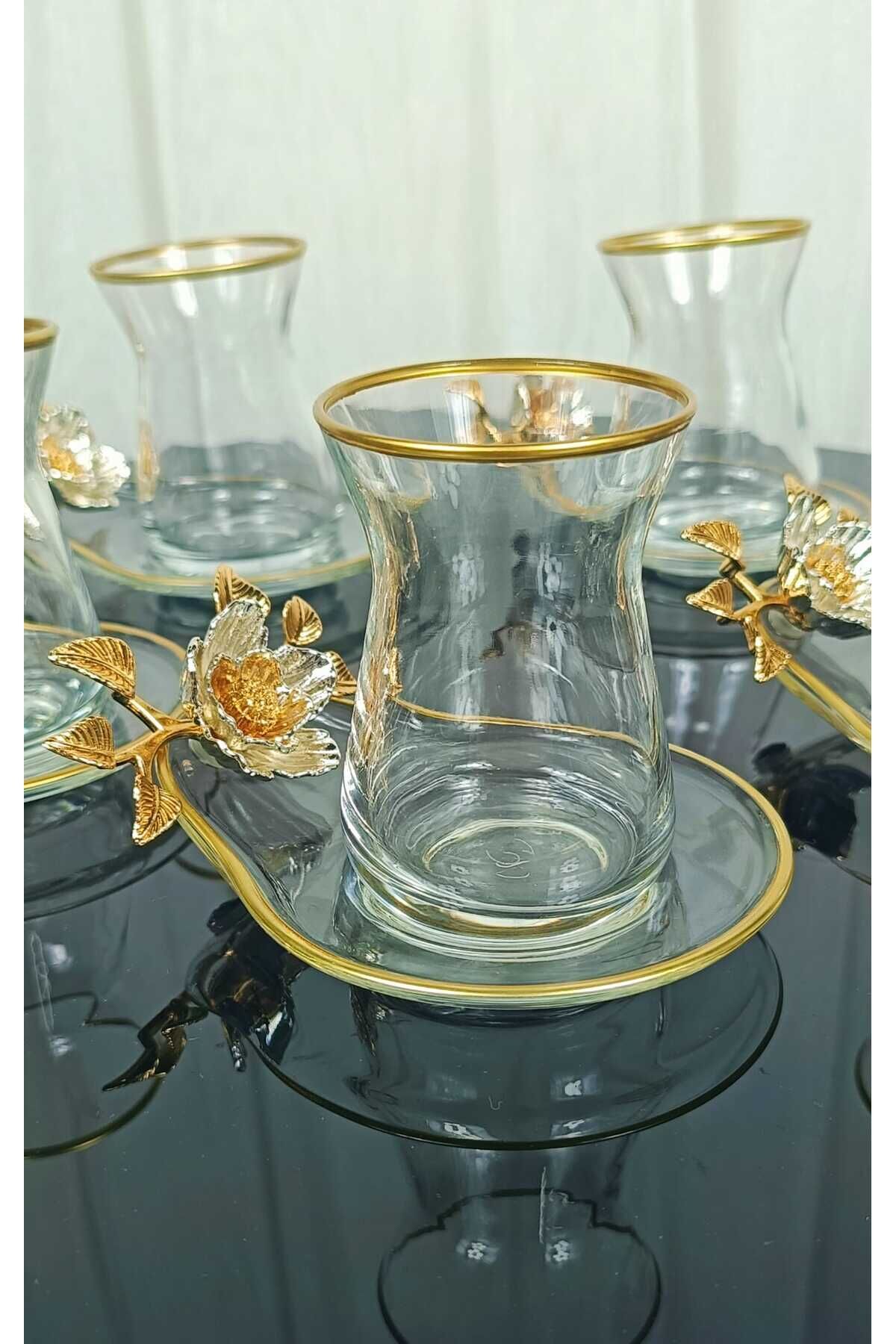 Lüx 6 Kişilik 12 Parça Papatya Gold Yaldızlı Çay Seti Irem