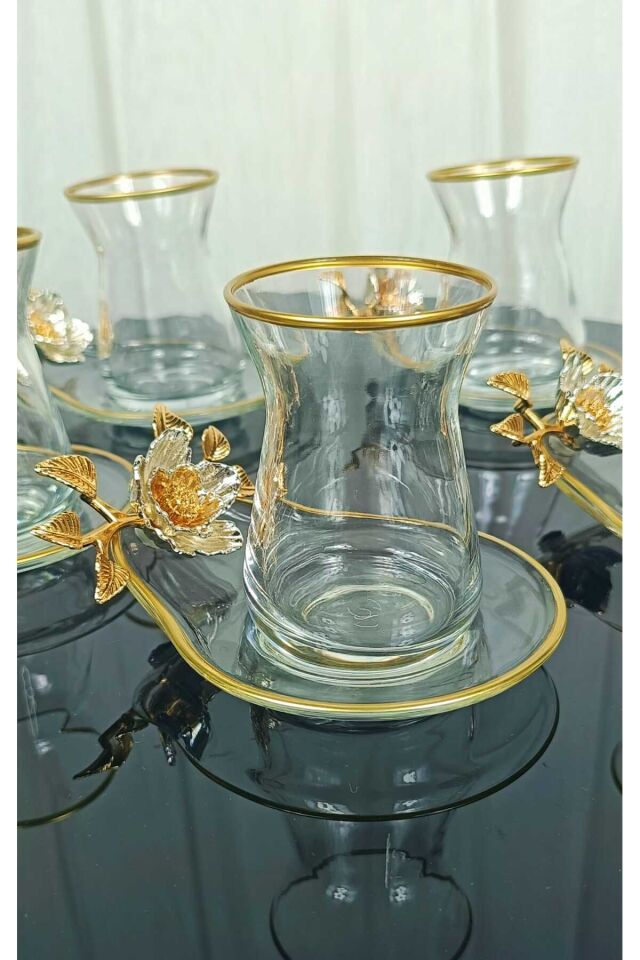 Lüx 6 Kişilik 12 Parça Papatya Gold Yaldızlı Çay Seti Irem