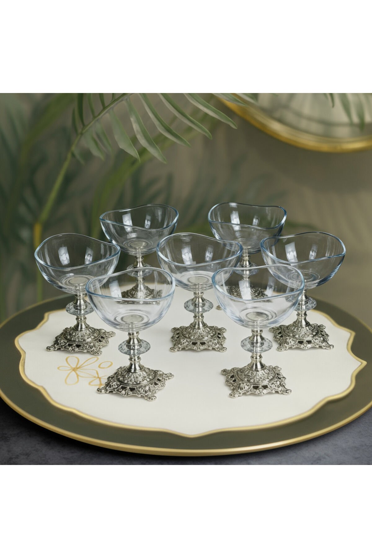 6 Adet Metal Ayaklı Gümüş Detaylı Vira Magnolia-kase-dondurmalık-şekerlik Gri