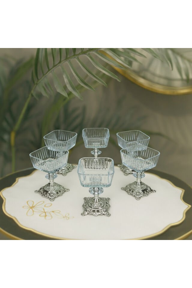 6 Adet Metal Ayaklı Gümüş Detaylı Vira Magnolia-kase-dondurmalık-şekerlik Gümüş