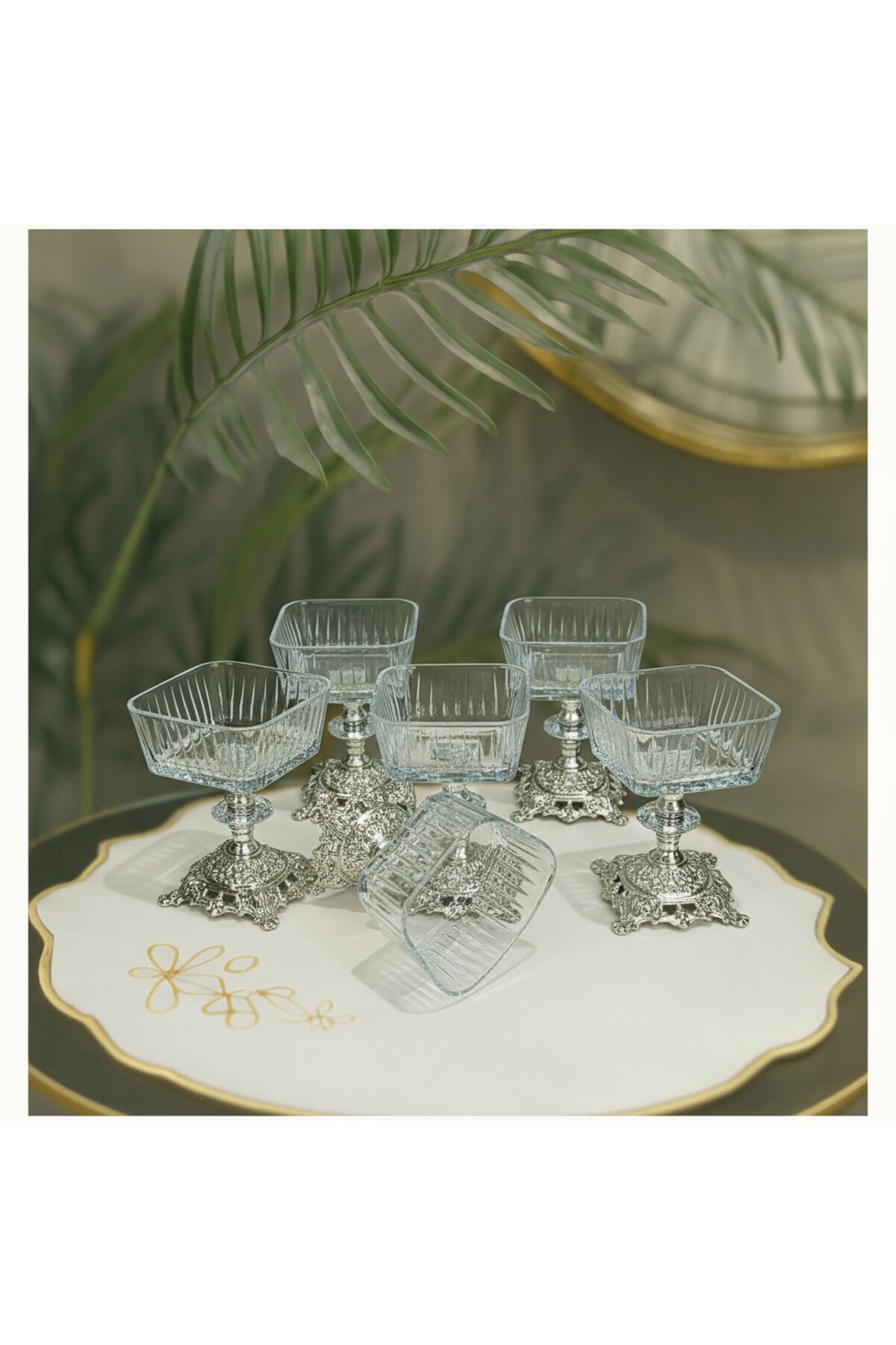 6 Adet Metal Ayaklı Gümüş Detaylı Vira Magnolia-kase-dondurmalık-şekerlik Gümüş